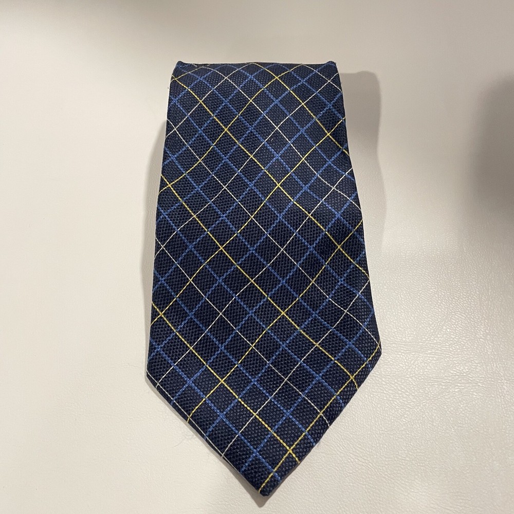 Tommy Hilfiger Tie Plaid and Stripes Blue with Yellow lines.
