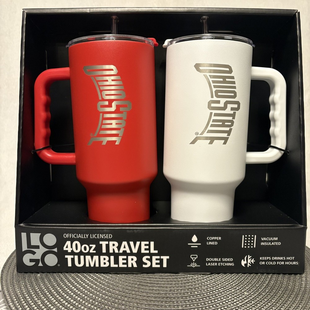 Ohio State 40 Oz Tumblers SET OF 2 (Red, White) Insulated, Copper Lined Etched