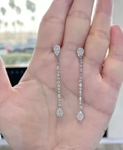 2Ct Round Cut Moissanite Women Long Drop Dangle Earrings 14K White Gold Plated