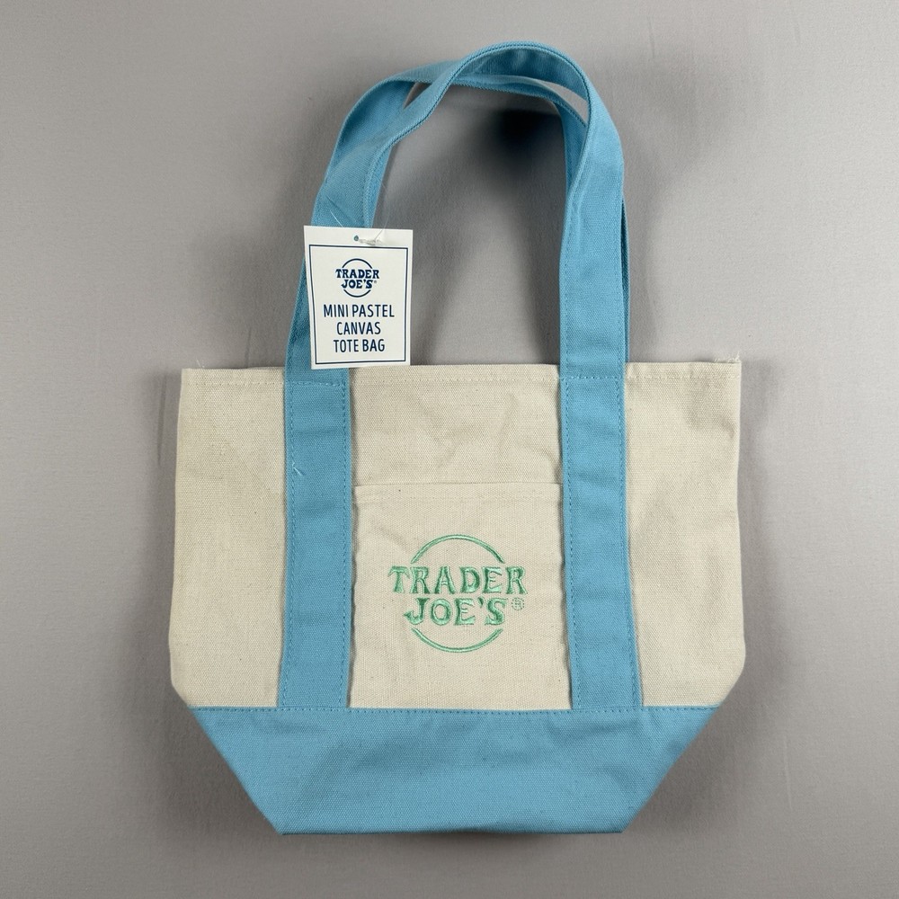 Trader Joes Mini Pastel Canvas Tote Bag Blue Reusable 12.5x10x6 NWT