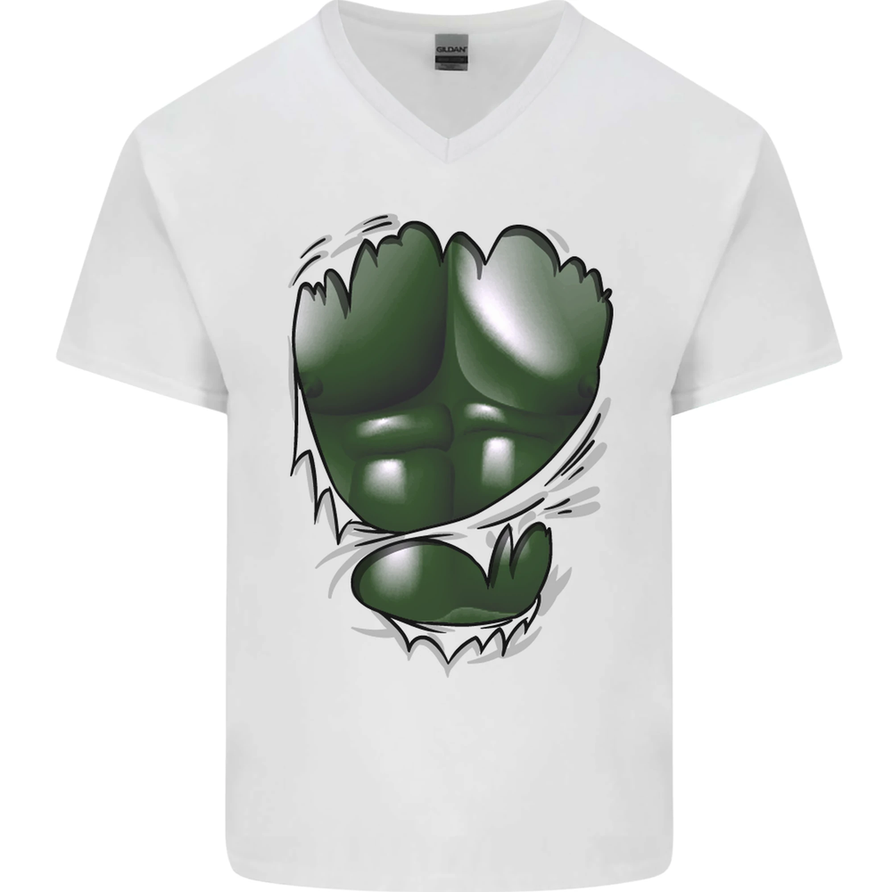 Gym Green Torso Ripped Muscles Effect Mens V-Neck Cotton T-Shirt