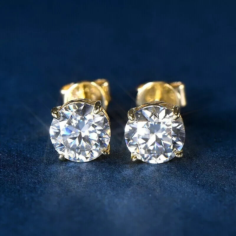 8mm Round VVS1 Moissanite Stud Earrings in 14K Yellow Gold Plated Gift