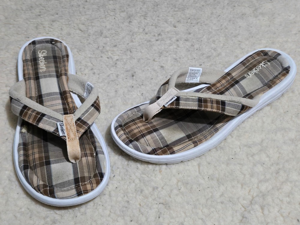 Skechers 46463 Brown Plaid Padded Fabric Flip Flop Sandals Women’s Size 11