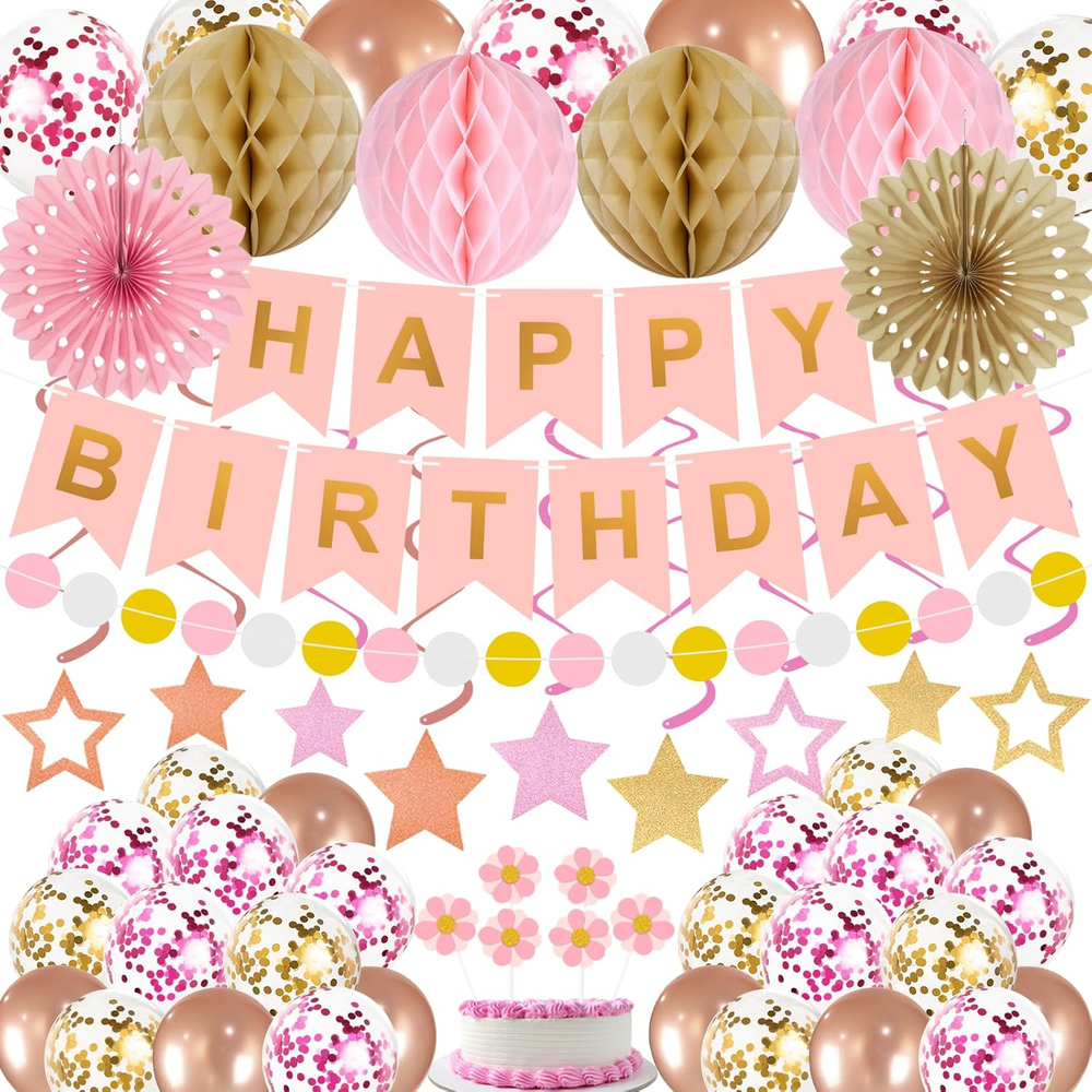 Birthday Decorations Pink Happy Birthday Banner Confetti Balloons Honeycomb Ball
