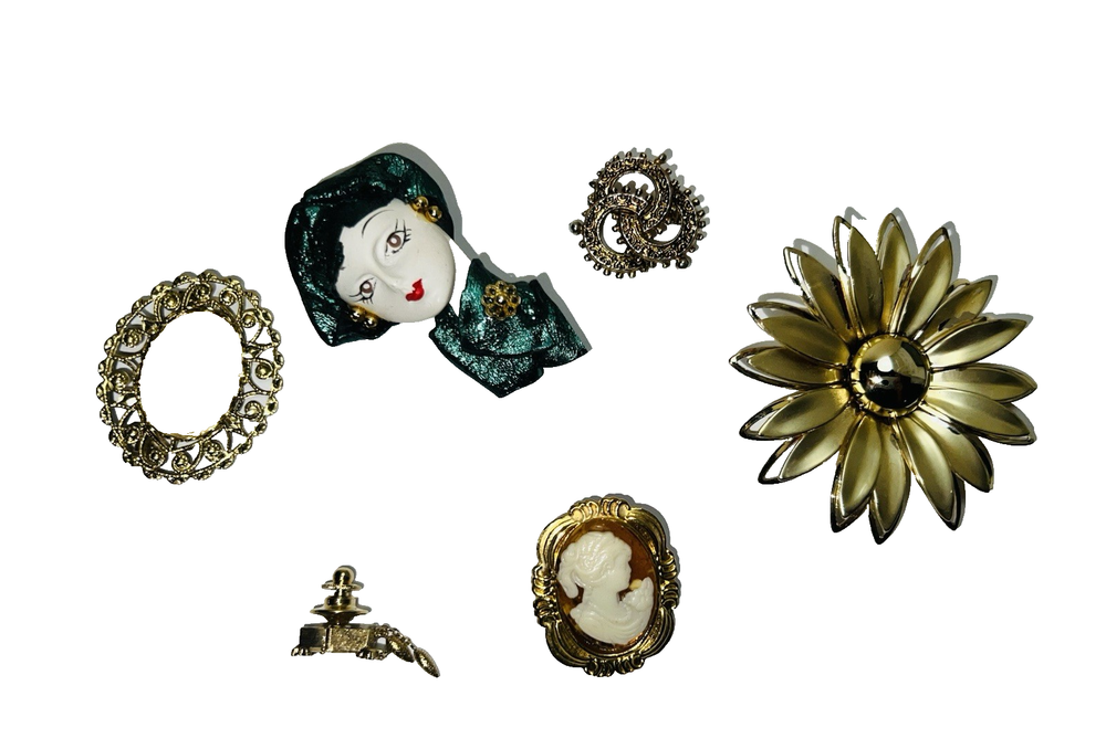 Vintage brooch lot of 5 including cameo daisy cuckoo clock pearl and Celtic pins