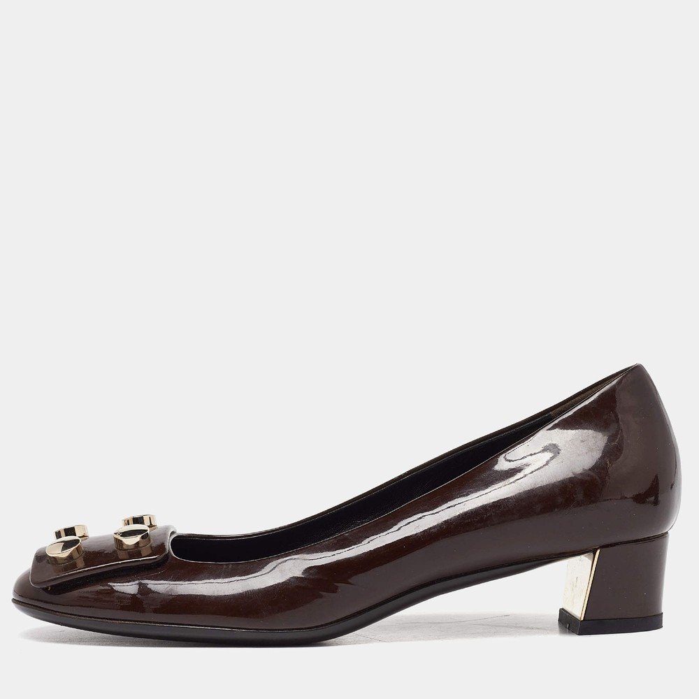 Gucci Brown Patent Leather Block Heel Pumps Size 355