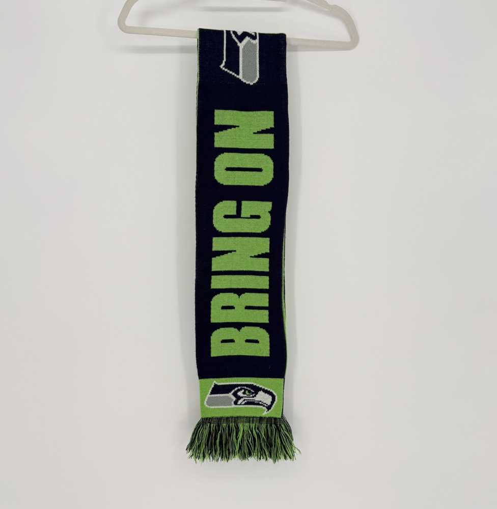 NFL Seattle Seahawks BRING ON THE 12 Knit Scarf Blue Green Fringe Adult OSFM