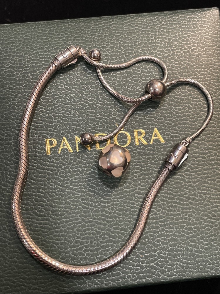 Authentic Pandora Snake Chain Adjustable Bracelet & Retired MOP Heart Charm IOB