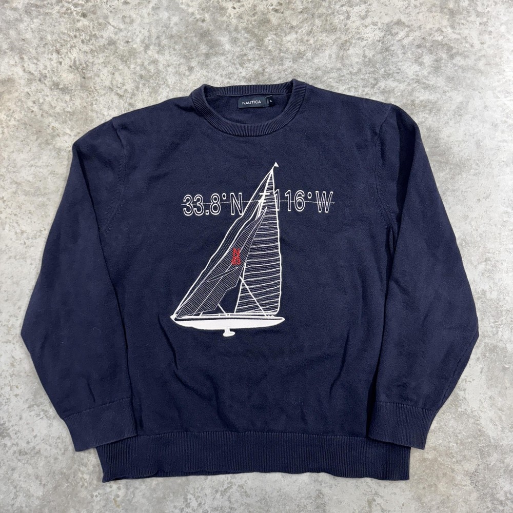Nautica Sweater Mens XL Navy Blue Sailboat Graphic Crewneck Cotton Nautical