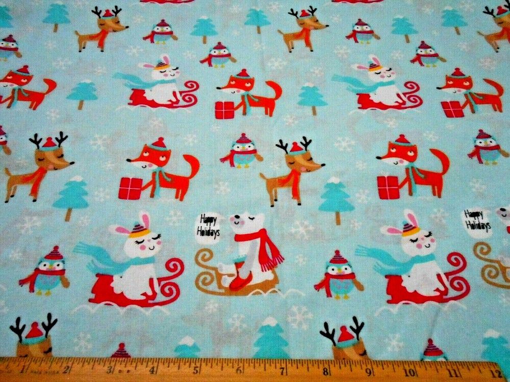 Christmas Fabric By Yard Cute Animals Gifts Sleds Snow Lt Blue Cotton #42 Vtg #C