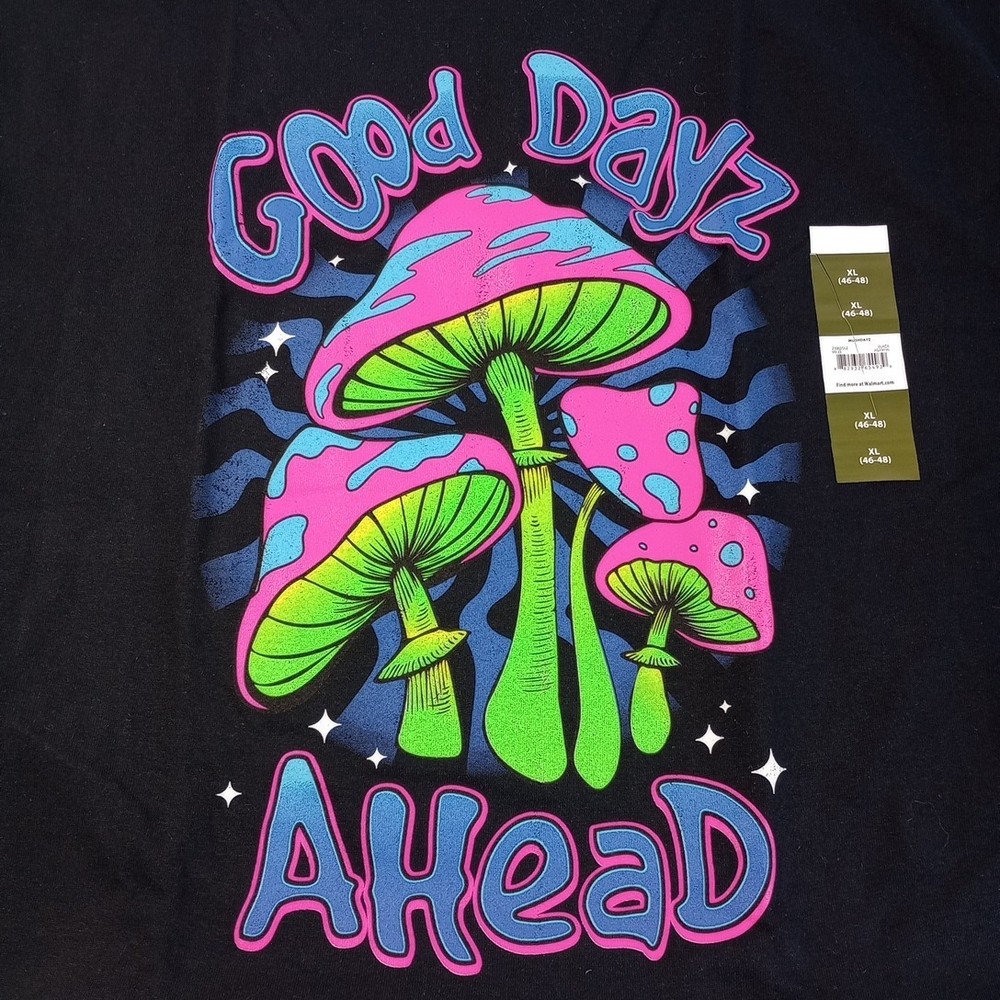 DOM Men's Black GOOD DAYZ AHEAD Neon Mushroom T-Shirt Size XL Mens Pink