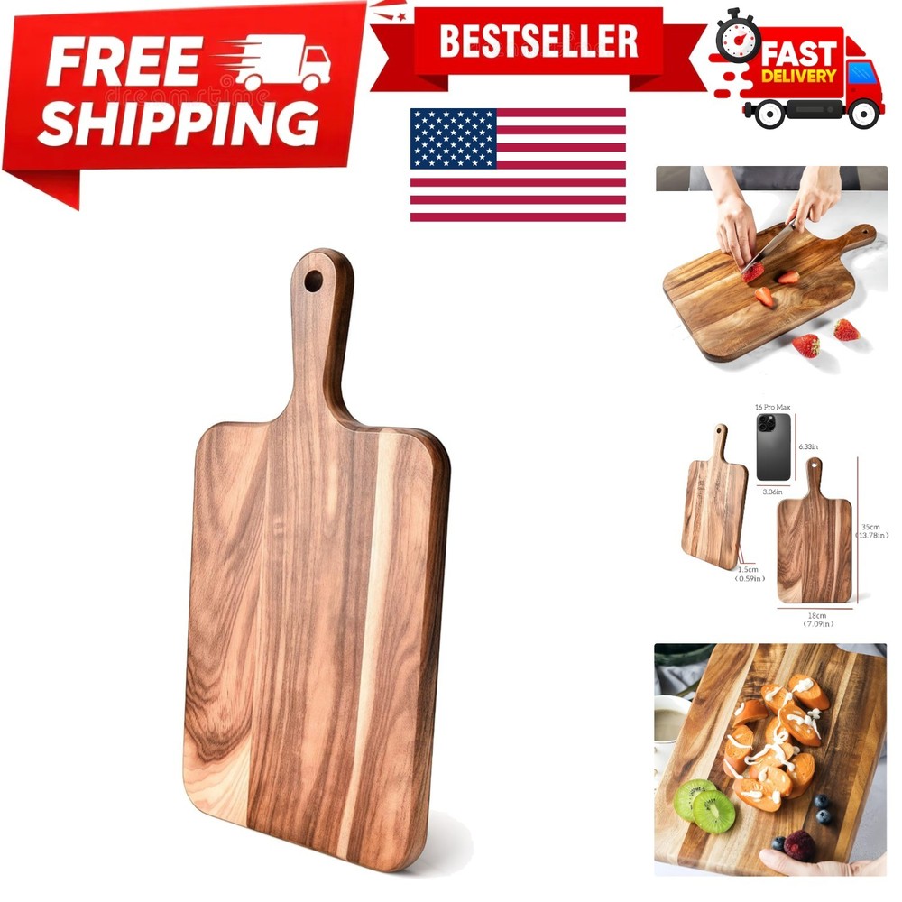 Acacia Wood Cutting Board with Handle - 14 x 7in, Wooden Chopping Board for M...