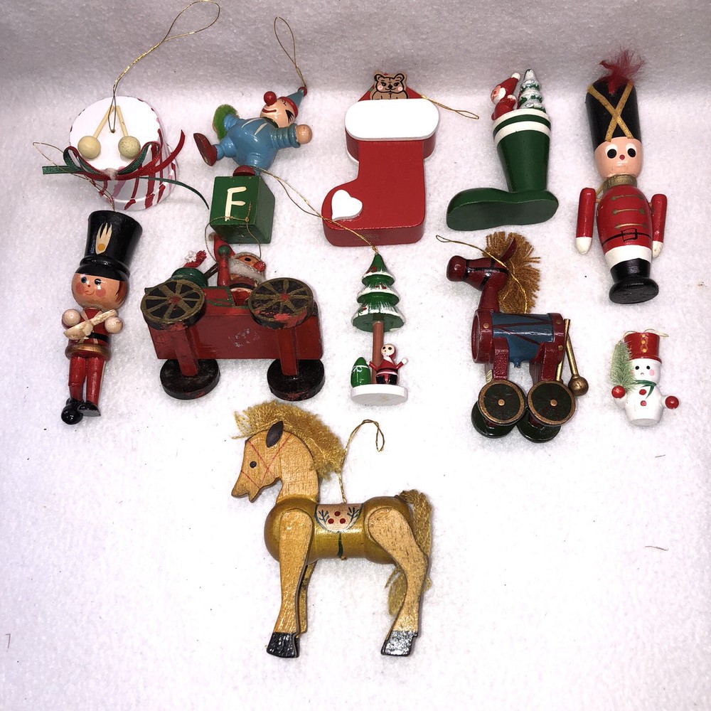 Wooden Christmas Ornaments Horse Clown Santa Toy Soldiers Snowman Lot of 11 Vtg