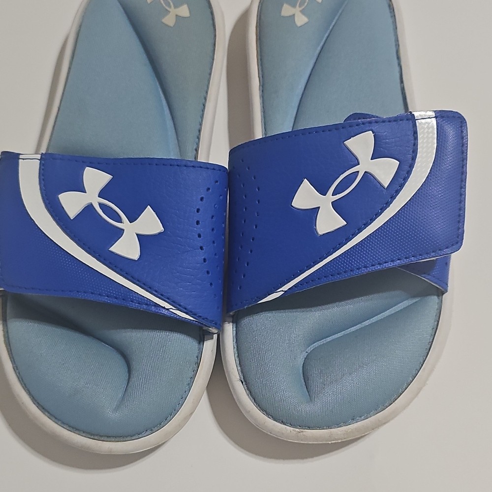 Under Armour Boys Slide Sandals Blue White Cushioned Synthetic US Size 6