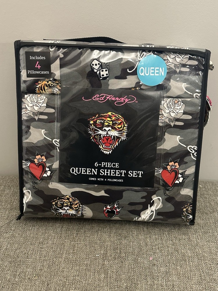 Ed Hardy 6-piece Queen  sheet set featuring a camouflage pattern  Size Queen