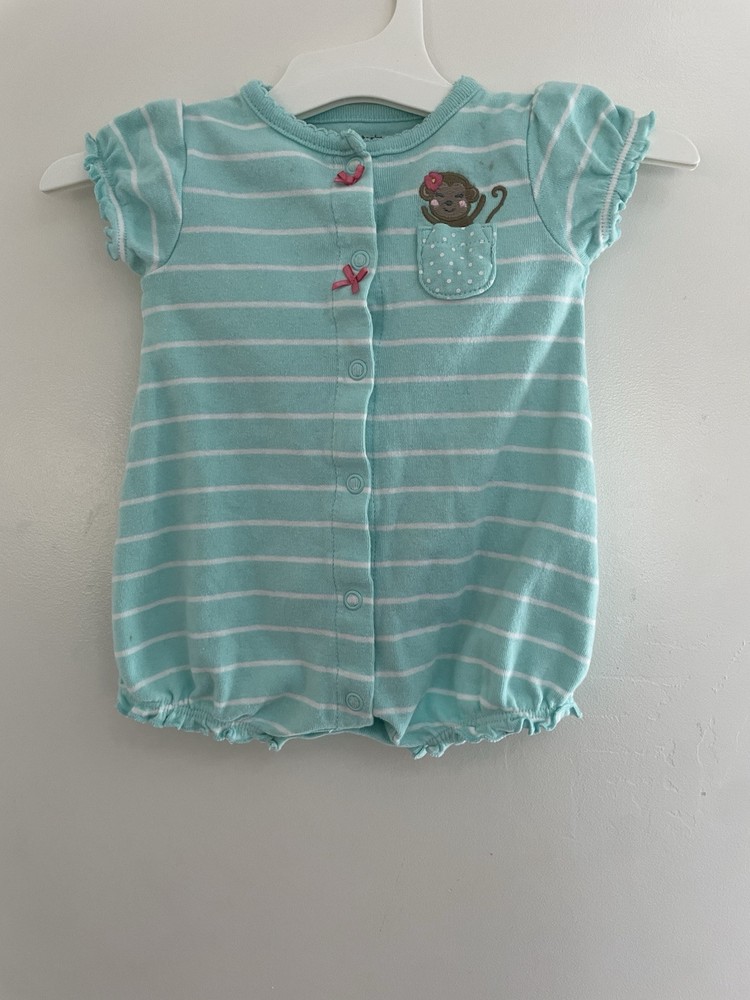 Carter's Baby Girls Cute Monkey Striped 100% Cotton Short Sleeve Romper Blue 3M