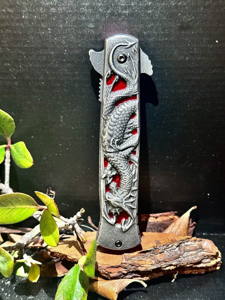 Spring Assisted STILETTO Pocket Knife DAMASCUS ETCHED Flip Open Red Dragon 8.5