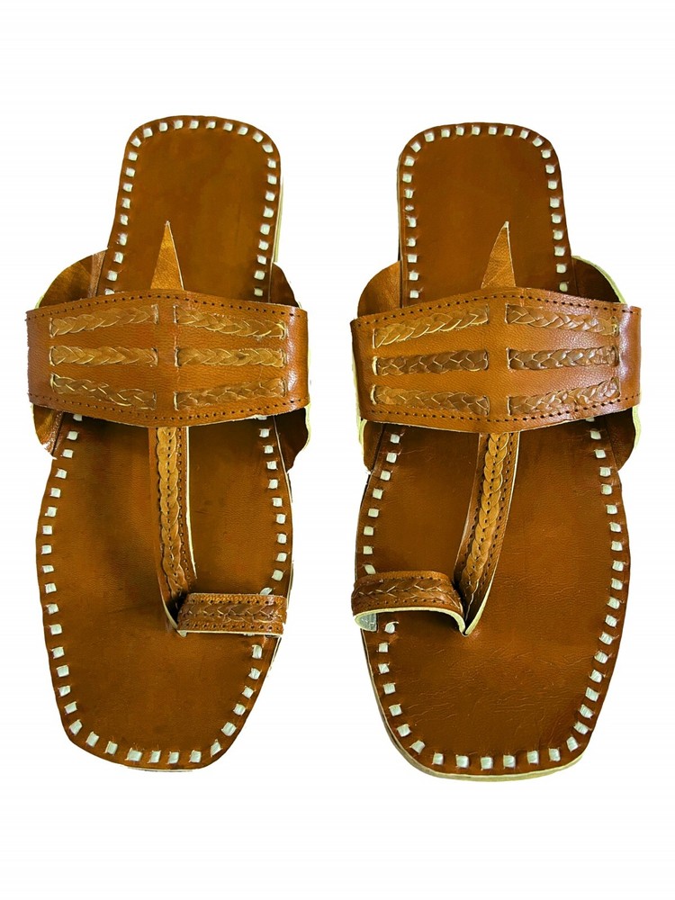 Women's Tan Leather Kolhapuri Sandals Handmade Indian Flip Flops