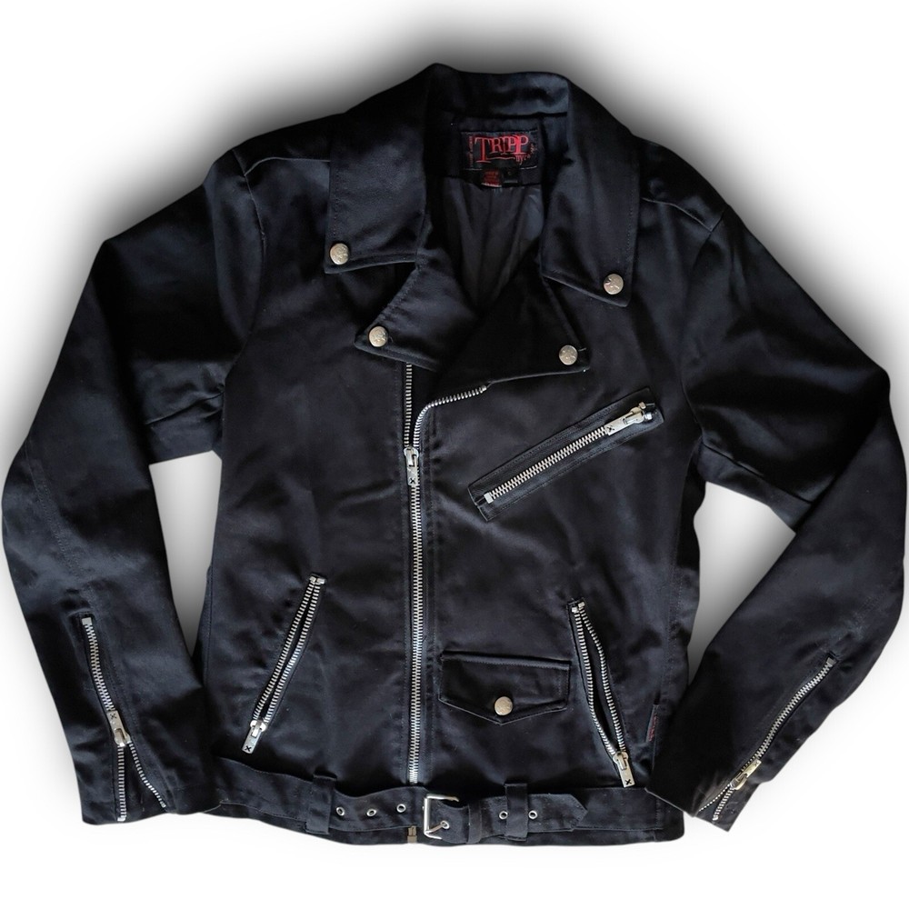 Tripp NYC Black Cotton Biker Moto Jacket Straps Punk Gothic Metal Zip Unisex S