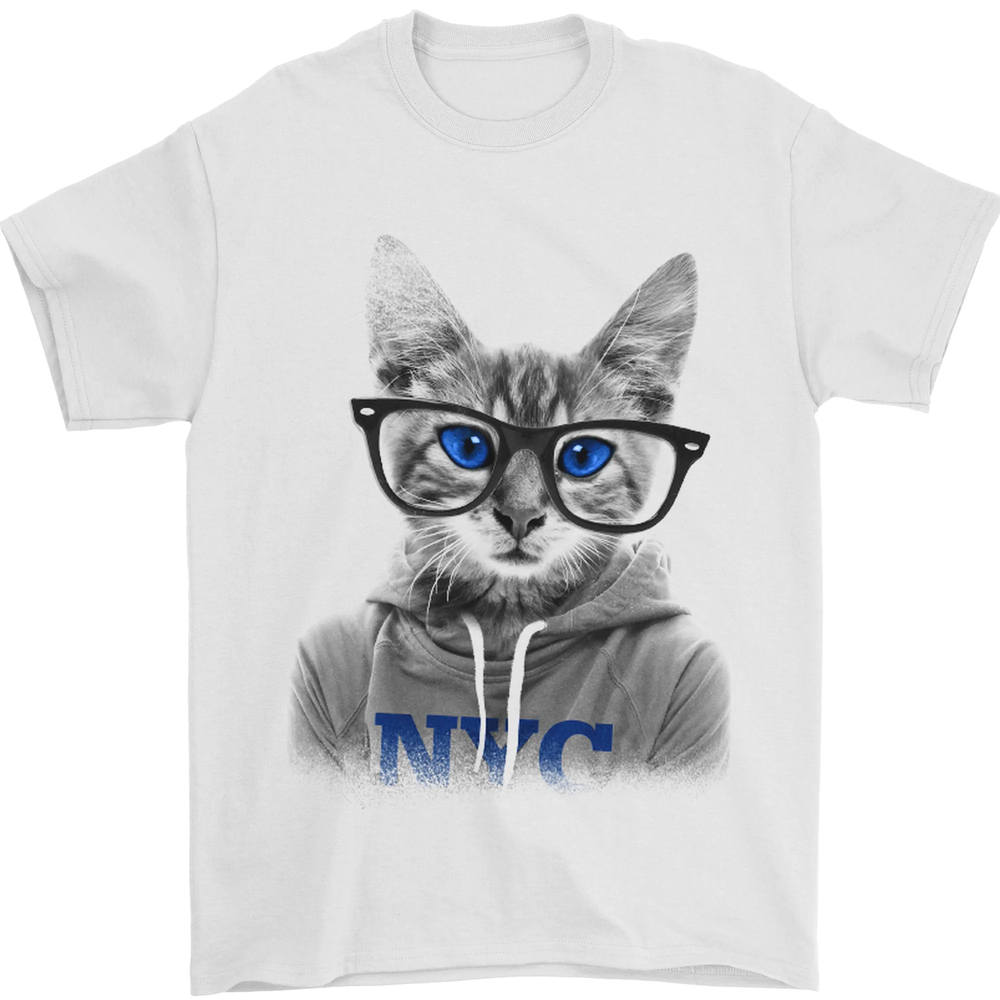 New York City Cat With Glasses Mens T-Shirt 100% Cotton