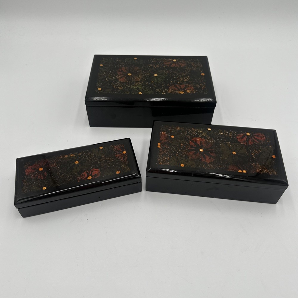 Square Lacquered Jewelry Box Hand-Painted In Vietnam (Flowers) Nesting Boxes 3