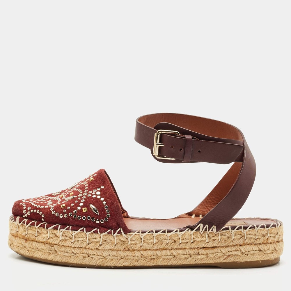 Valentino Burgundy Embellished Suede and Leather Ankle Strap Espadrille Flats
