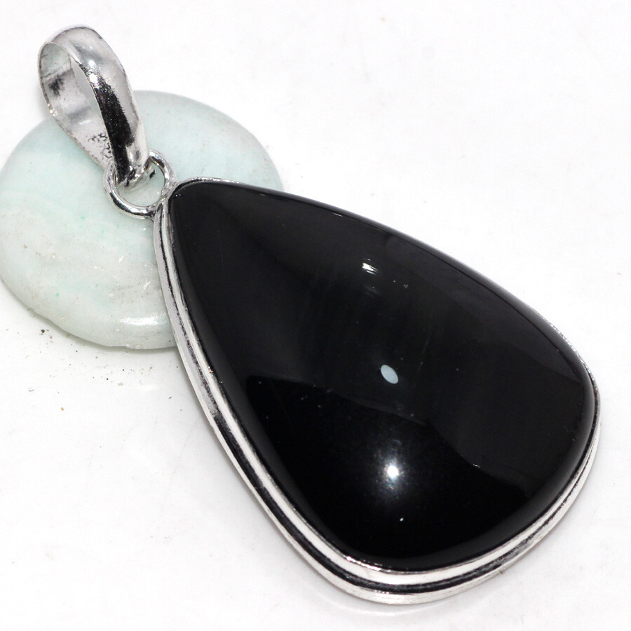 Black Obsidian 925 Silver Plated Gemstone Handmade Pendant 2.3