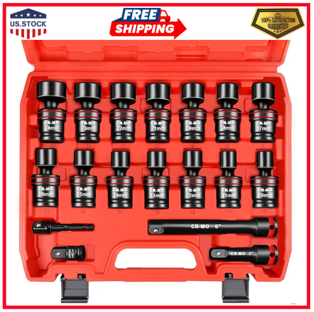 18PCS 1/2 Drive Impact Swivel Socket Set Metric 6 Point Wobble 10-24mm CR-MO