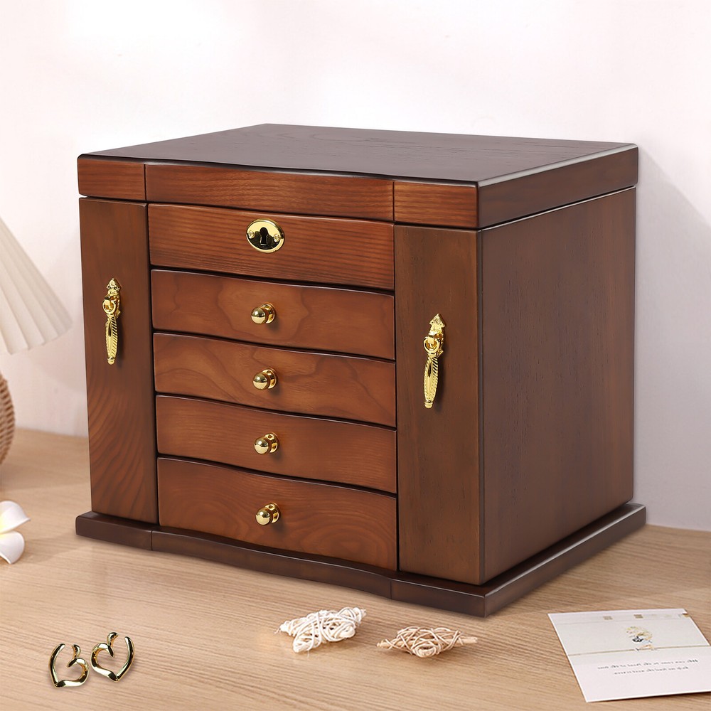 Wooden 5-Layer Large 4 Drawers Jewelry Box For Wowen with Mirror Organizer Box
