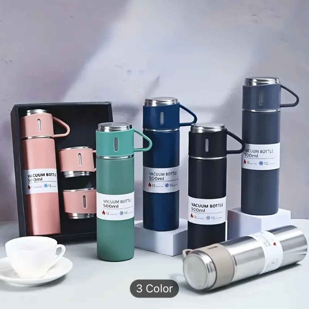 [KOR_Store] 500ml Insulated Stainless Steel Flask Tumbler w/ Cups-grey Color