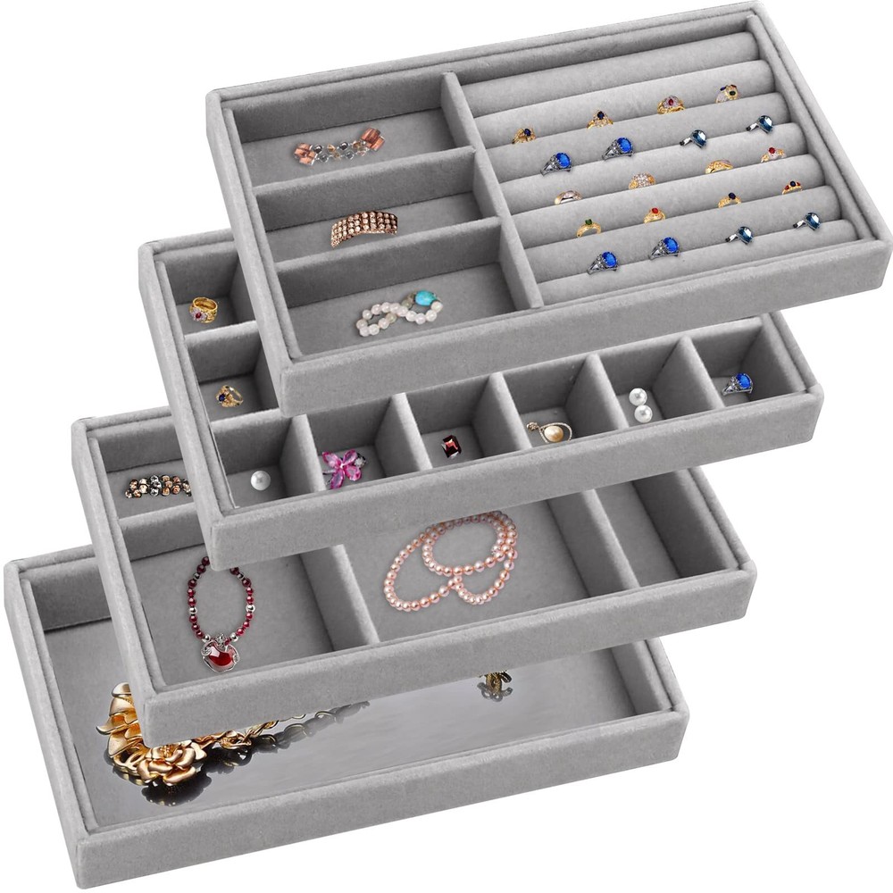4 Pcs Stackable Jewelry Organizer Trays for Drawers, Velvet Jewelry Organizer