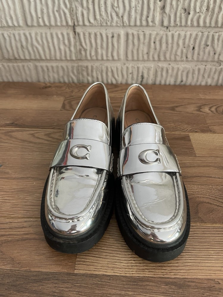 Coach LEAH Metallic Silver Platform Loafers for Women - Size 7 Chunky Sole