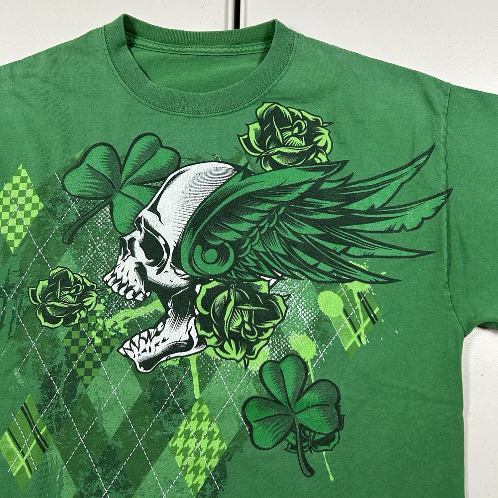 Vintage y2k Green Skull Graphic Shirt Size Large Affliction Goth Grunge Skater