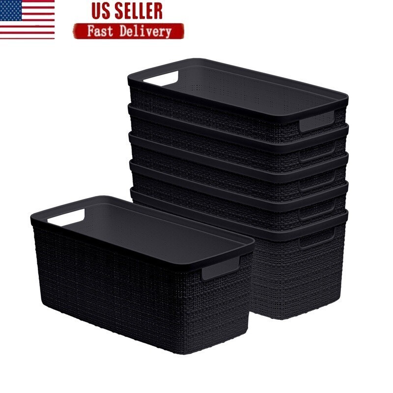 Set of 6 Jute Basket Slim Durable Resin Storage Bin W/ Handles Organization New