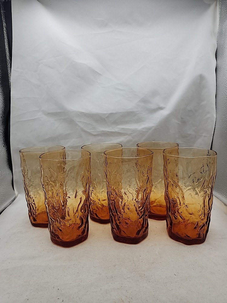 Vtg Seneca Driftwood Amber Tumblers Highball 60s MCM Set Of 6 16oz Barware 70s