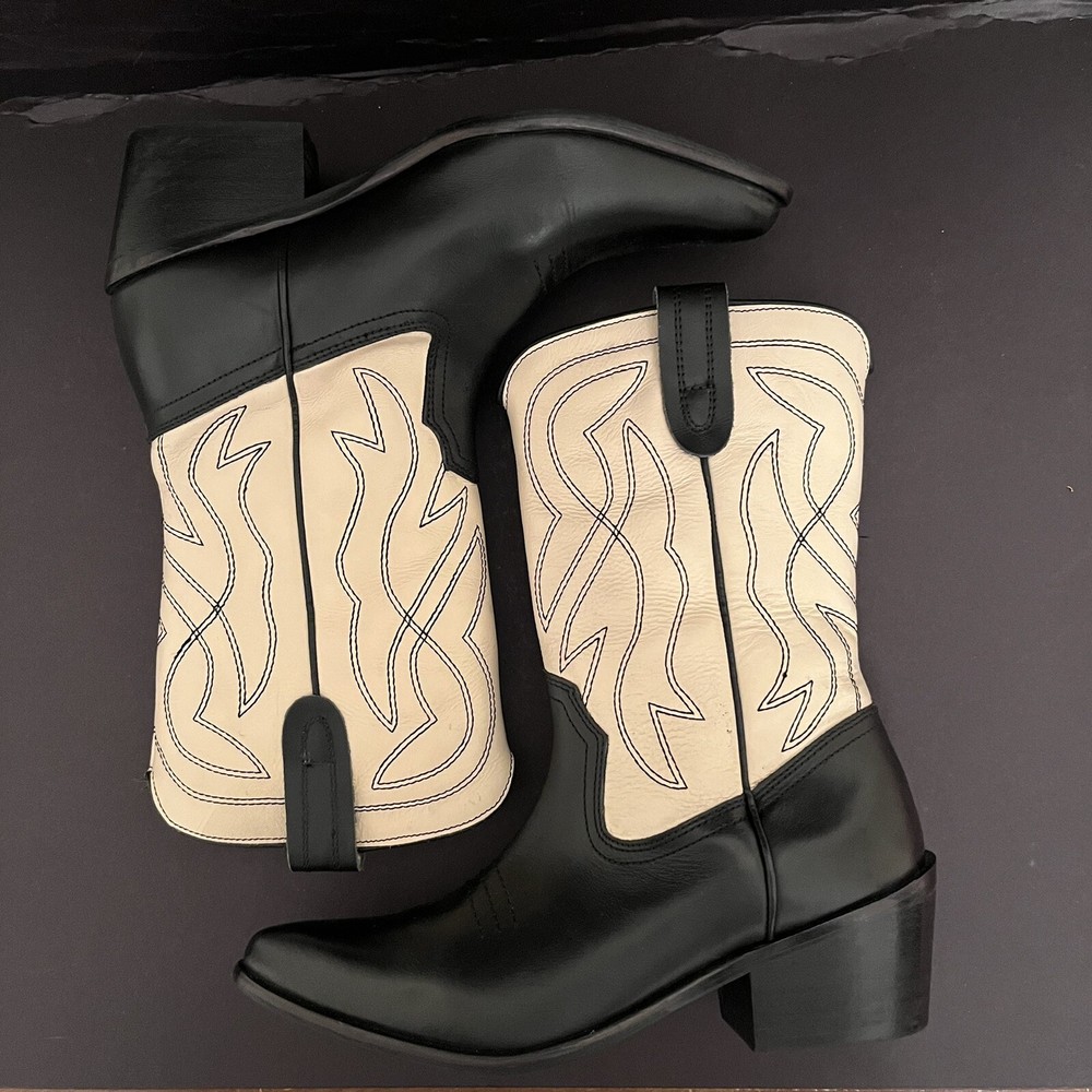 Womens Western Black & Cream Boots Mid-Calf Cowgirl Pullon Size 7 India