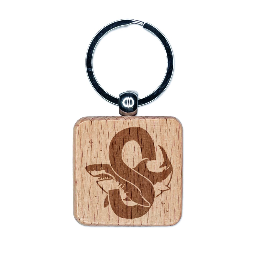 Shark Alphabet Letter S Engraved Wood Keychain Animal Theme Charm  