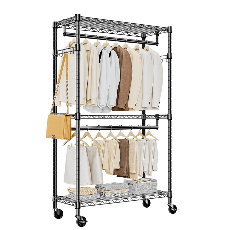 Rolling Clothes Rack Heavy Duty 3 Tier Adjustable Garment Rack w/ Shelves Hooks