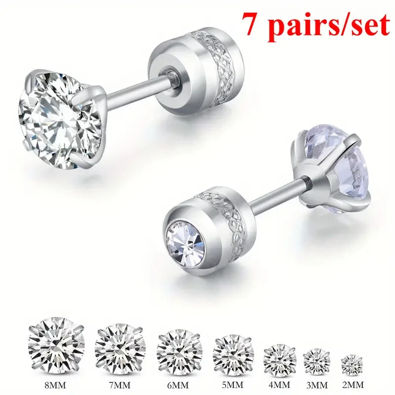 7 Pairs/ set of Men'S Titanium Steel 925 Silver Plated Earrings - with Sparkling