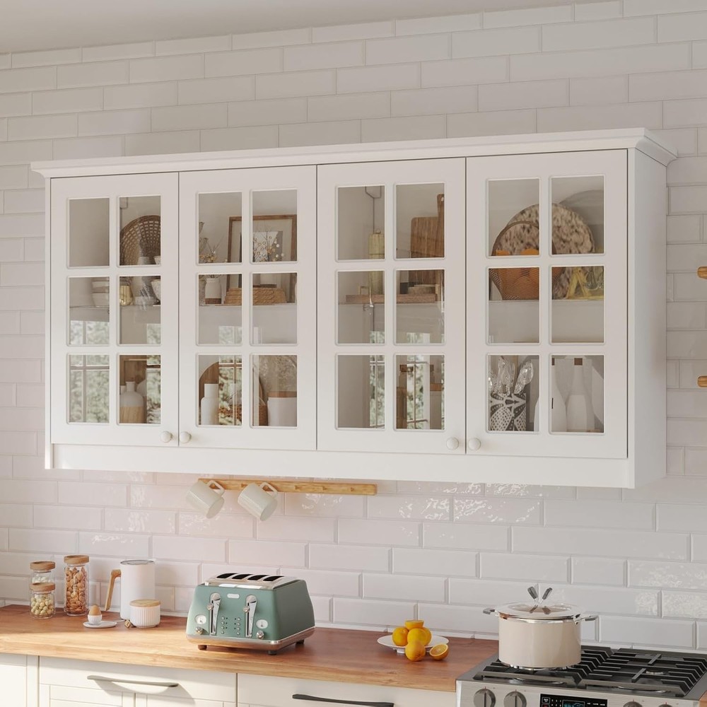 Glass-door wall storage cabinet for kitchen pantry organization