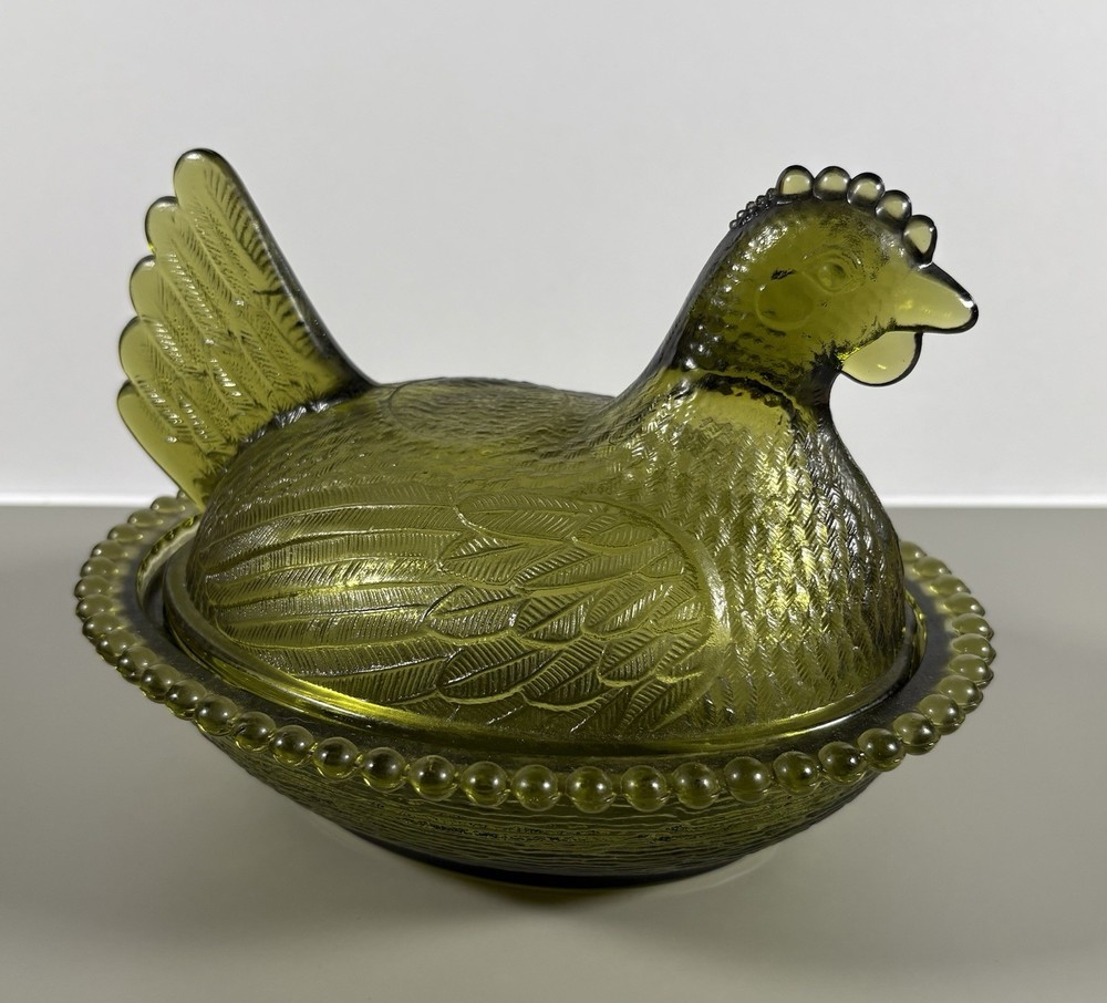 Vintage 1970’s Indiana Glass Olive Green Hen On Nest Covered Dish Beaded Rim