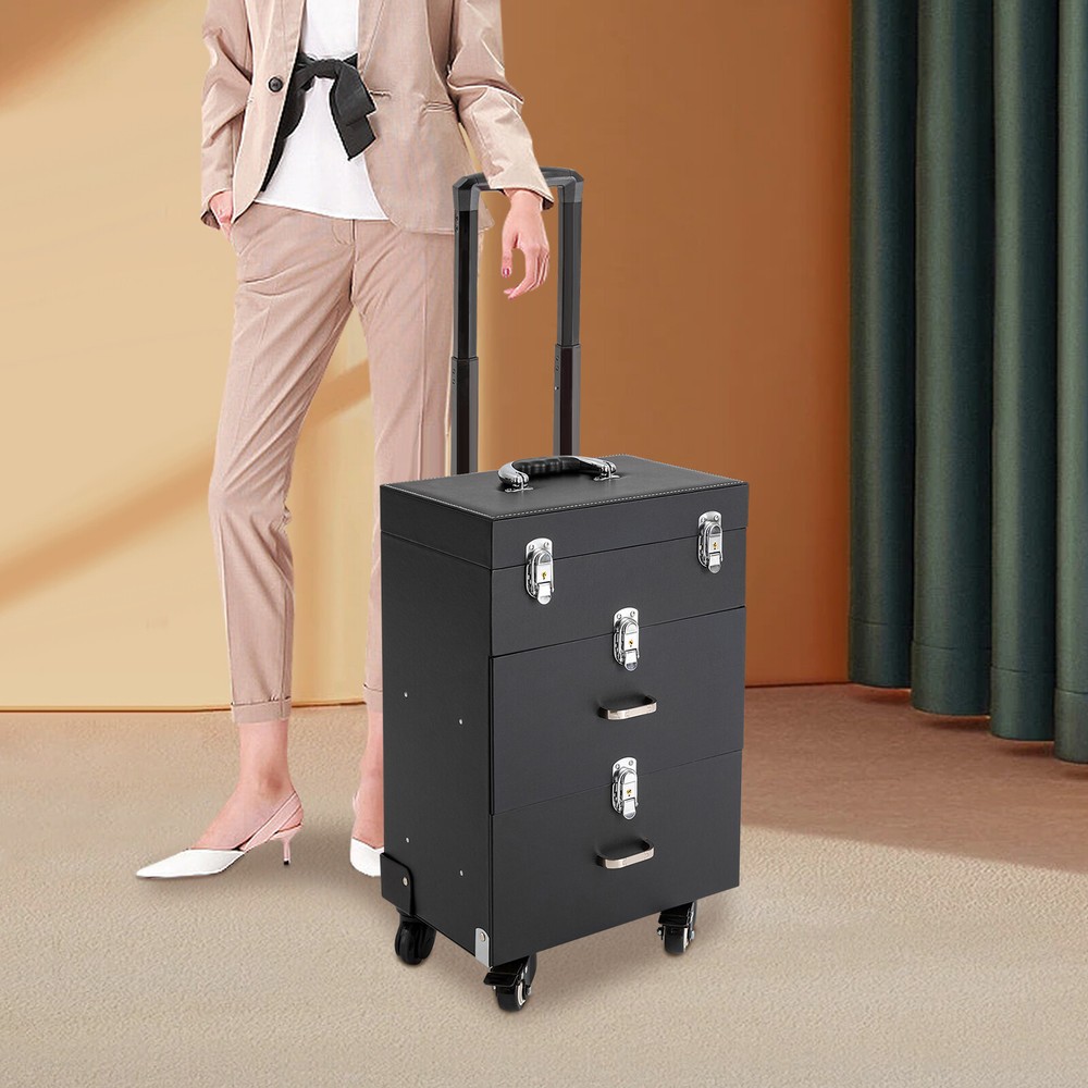 Aluminum Rolling Makeup Organizer Train Case with Drawer Salon Trolley