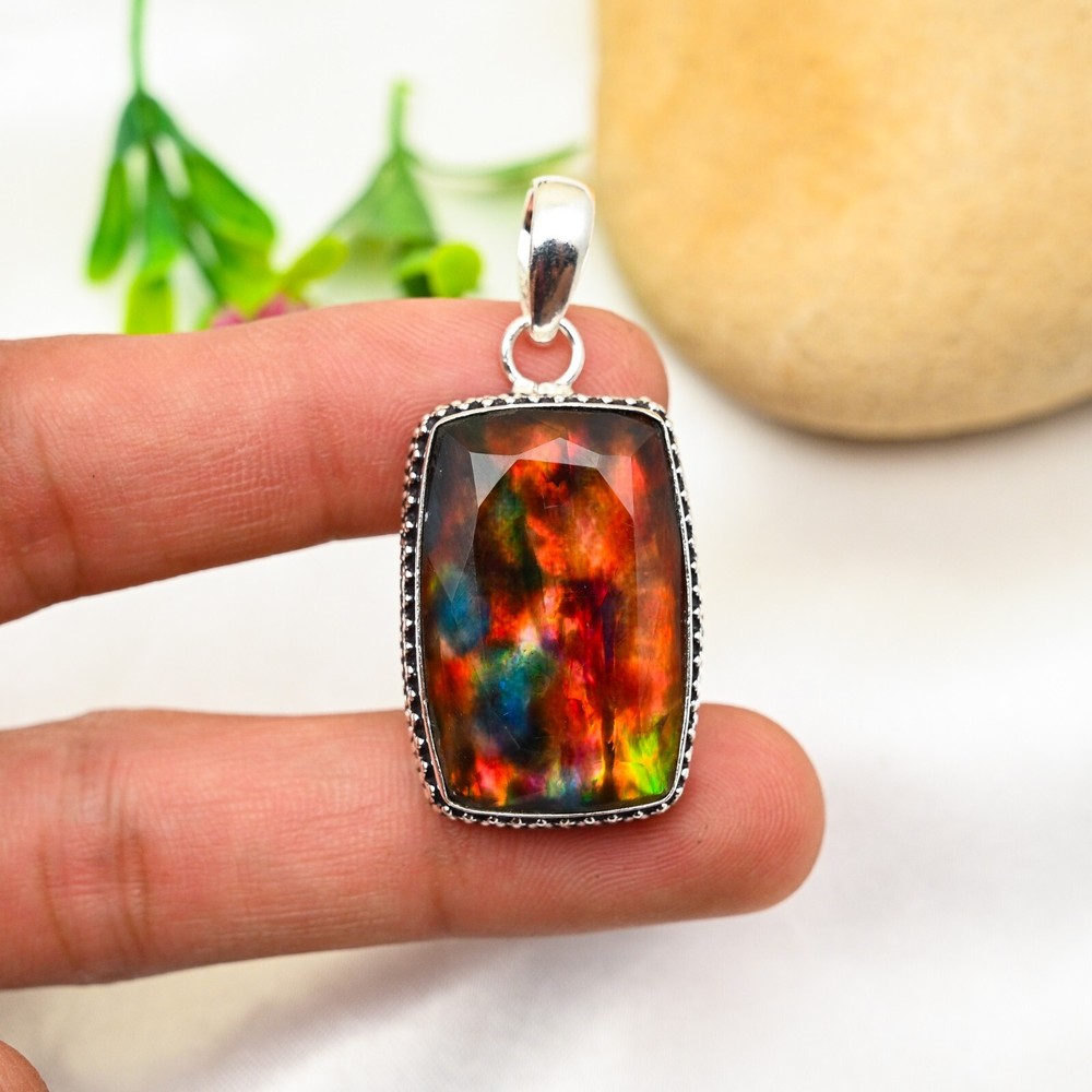 Ammolite Gemstone Pendant in 925 Sterling Silver Handmade Jewelry Gift