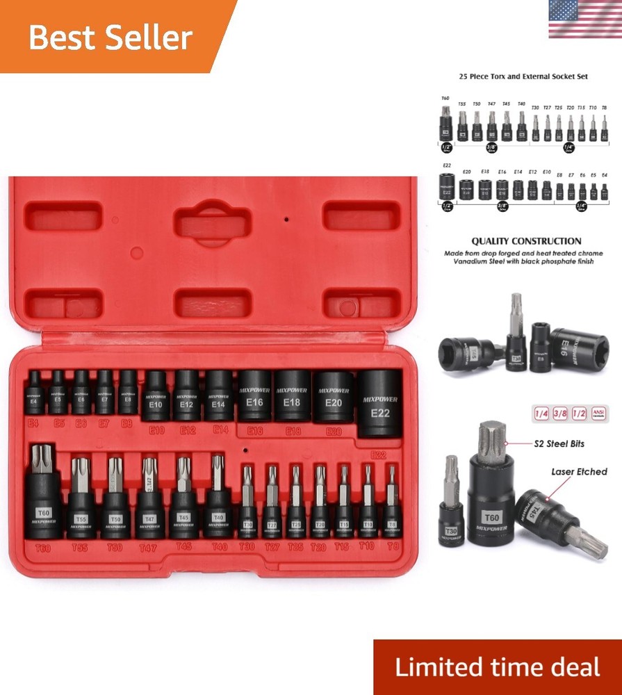25-Piece Chrome Vanadium Torx Bit Socket Set for Auto & Motorcycle Repair