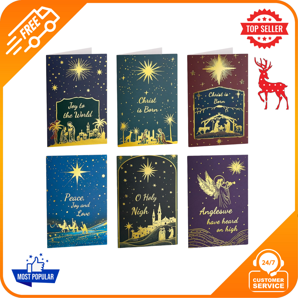 Boxed Christmas Cards Assortment, Elegant Icons 6 Designs 24 Cards with Gift for