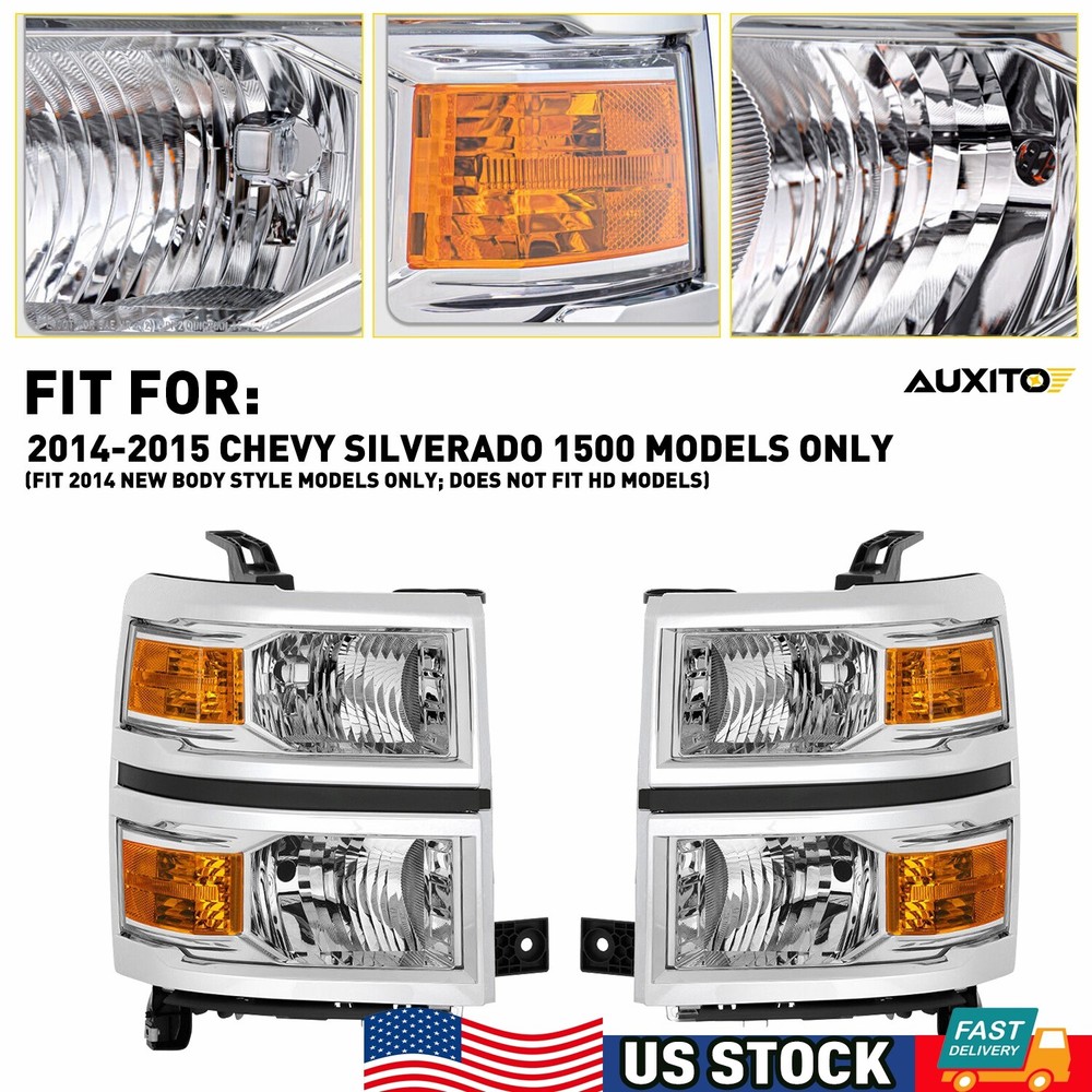 FOR 14-15 CHEVY SILVERADO 1500 CHROME AMBER CORNER HEADLIGHTS HEADLAMPS 14-15