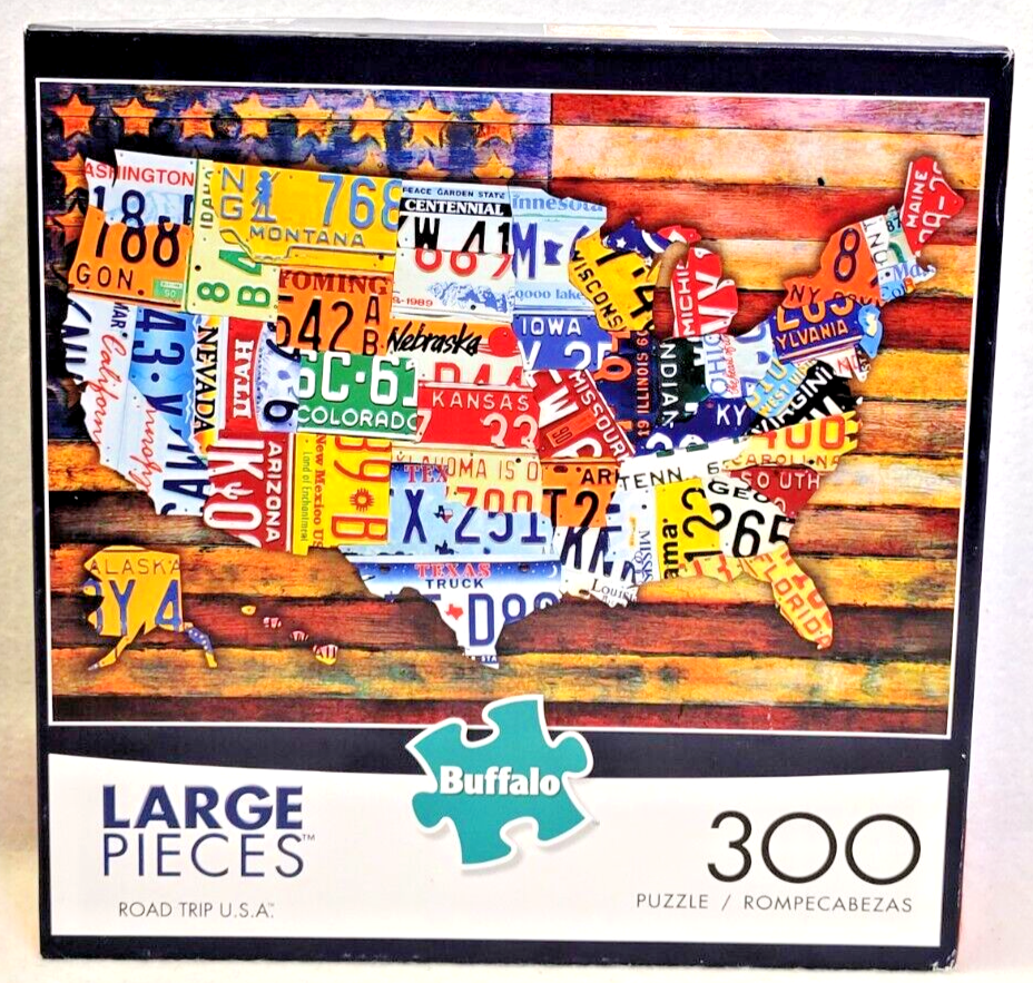Buffalo Games Road Trip USA 300 Large Piece Jigsaw Puzzle License Plate Map 100%