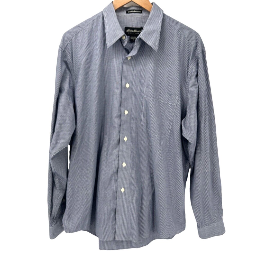 Eddie Bauer Mens Large Blue White Gingham Wrinkle Resistant Button Down Shirt