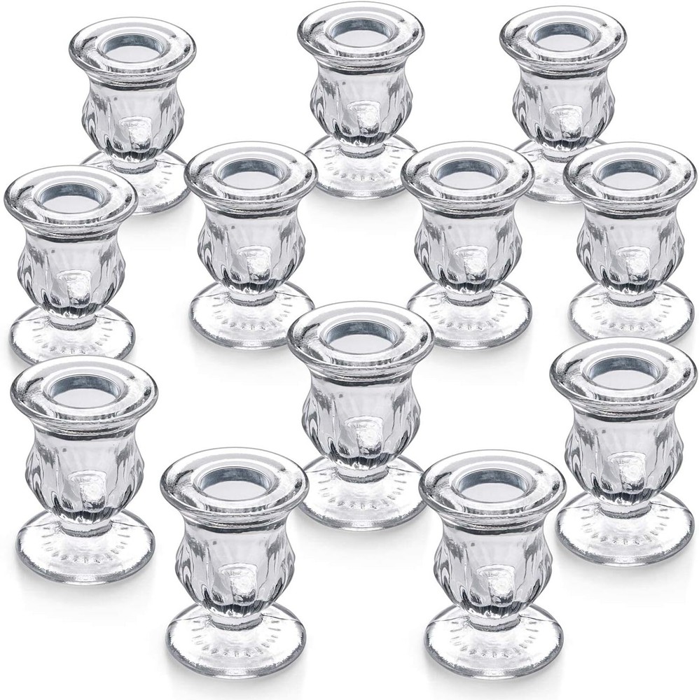 12 Clear Glass Taper Candle Holders 2.5