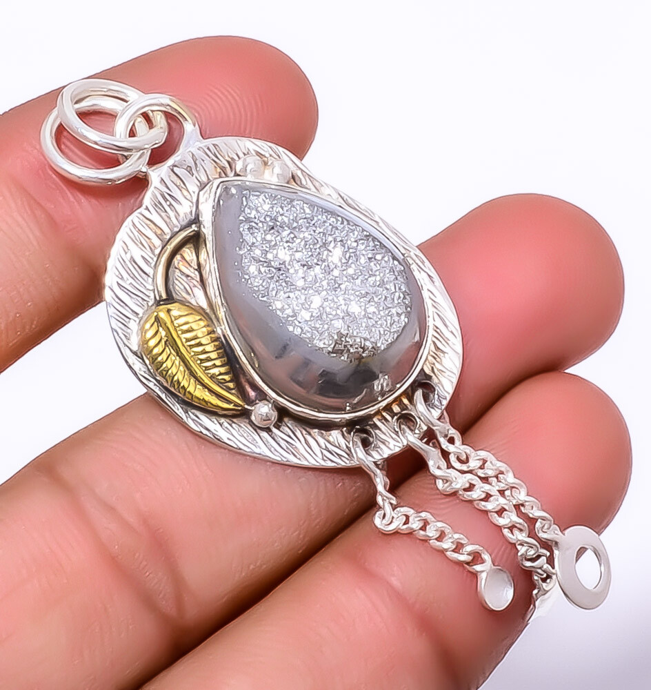 Titanium Silver Agate Drusy 925 Sterling Silver Textured Pendant 2.54